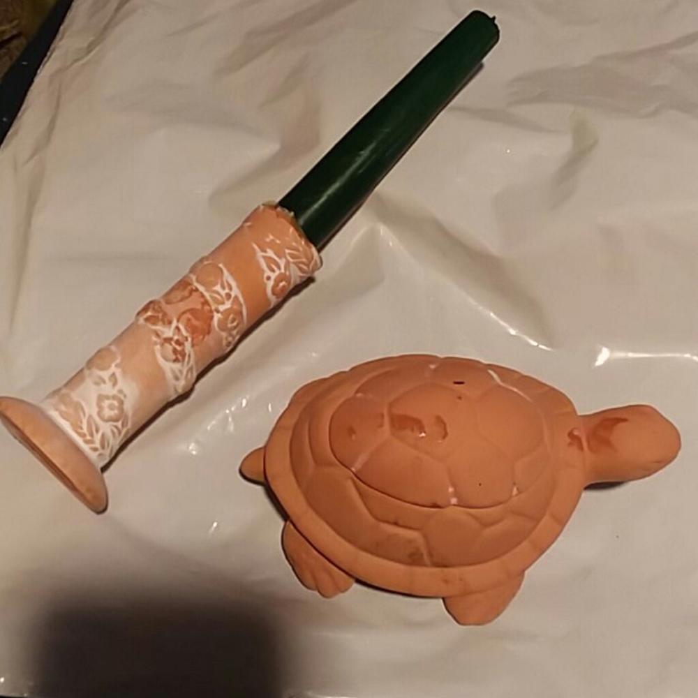 Clay Turtle and Candle Stick.